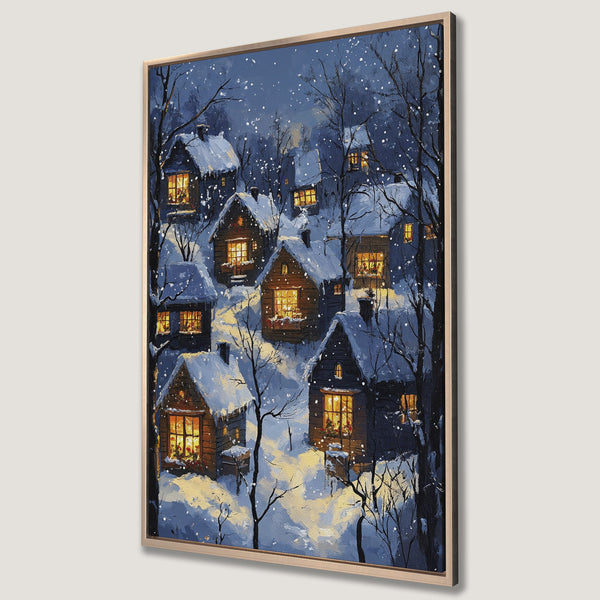 Framed Wall Art: Winter village scene with snow-covered houses, warm inviting lights, and a cool blue and gold color palette. Perfect for cozy decor!