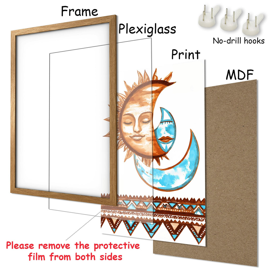 Framed Poster featuring a sun and moon design in watercolor style, with a warm brown and blue color palette. Perfect wall art!