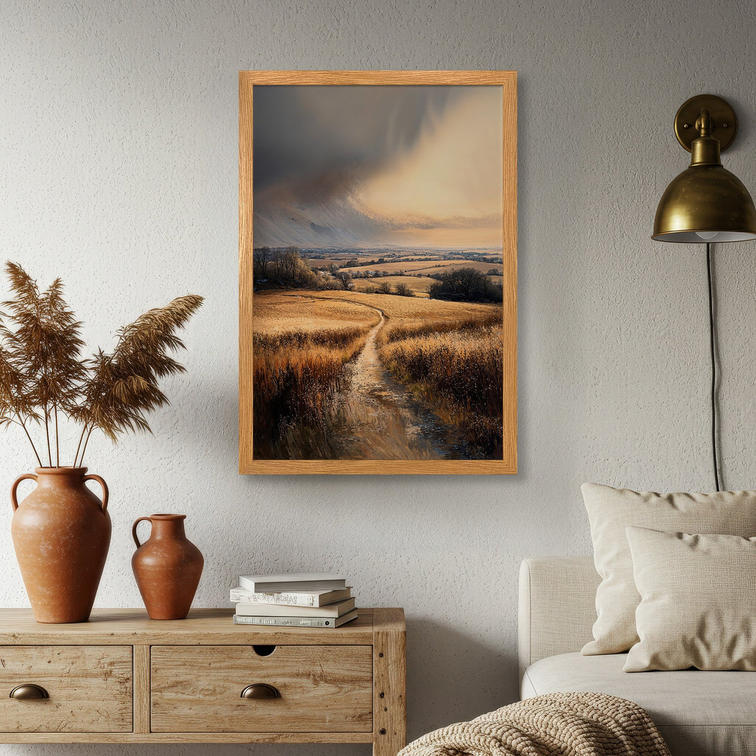 Framed Poster of a serene landscape with a warm, earthy color palette. Perfect for adding a touch of nature-inspired art to your home.
