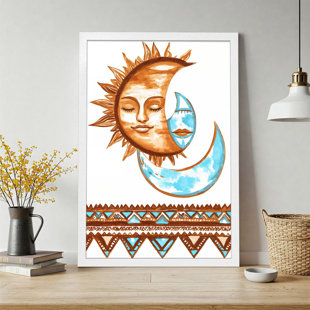 Framed Poster featuring sun and moon illustration in boho style with brown & turquoise colors. Perfect wall art!