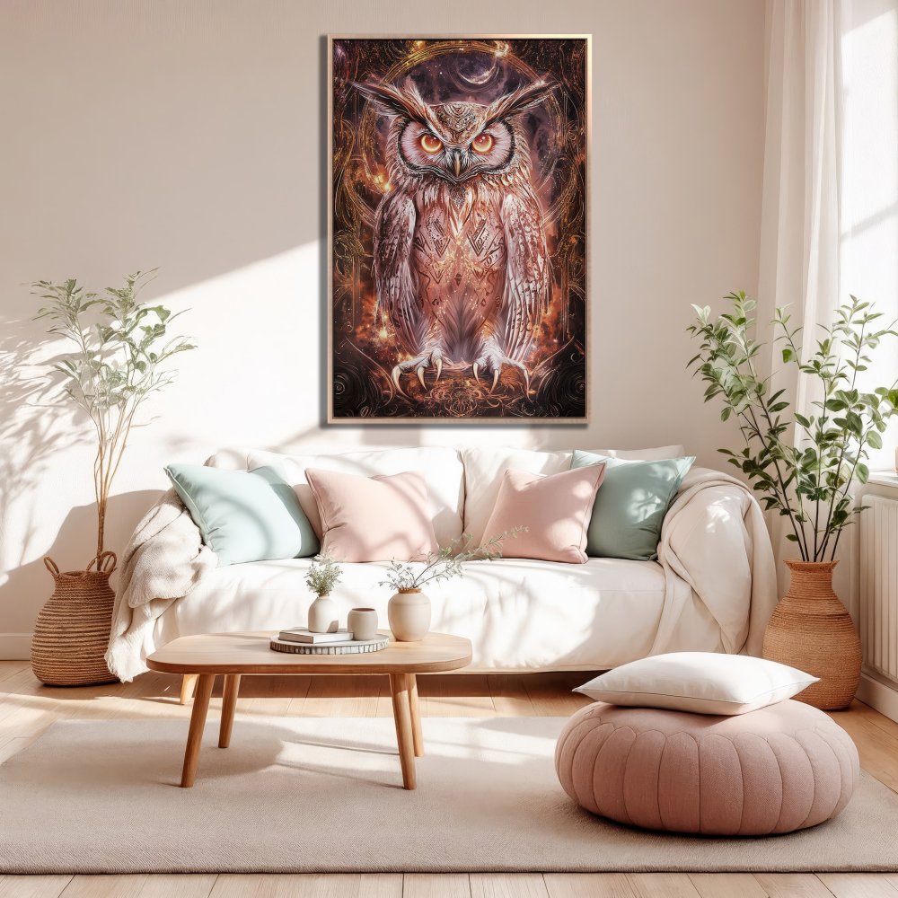 Framed Wall Art featuring a majestic owl in warm, earthy tones. Add a touch of mystical elegance to your home decor!