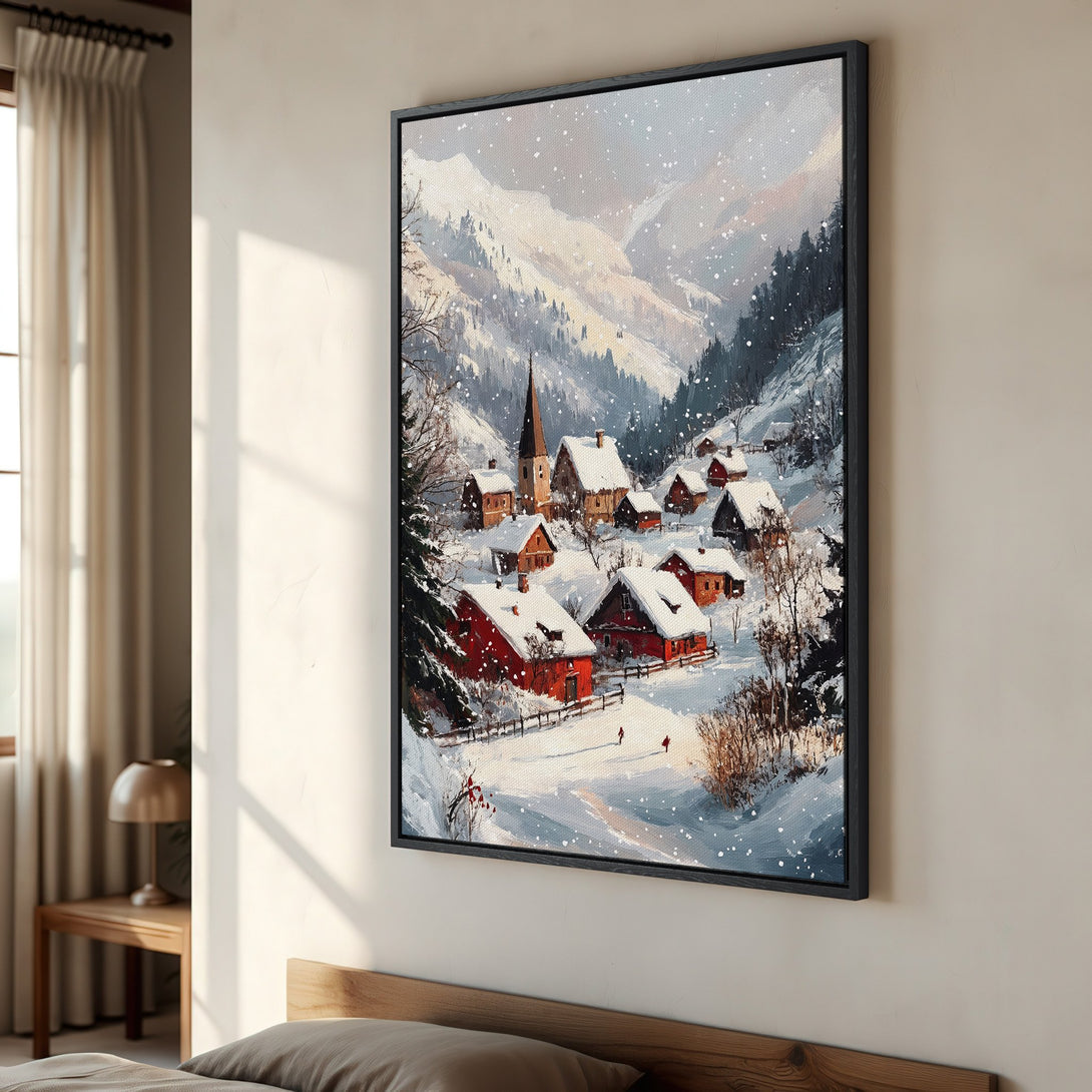Framed Wall Art: Cozy winter village scene in a painterly style. Features snow-covered rooftops and a muted, cool color palette. Perfect for adding warmth to your home.