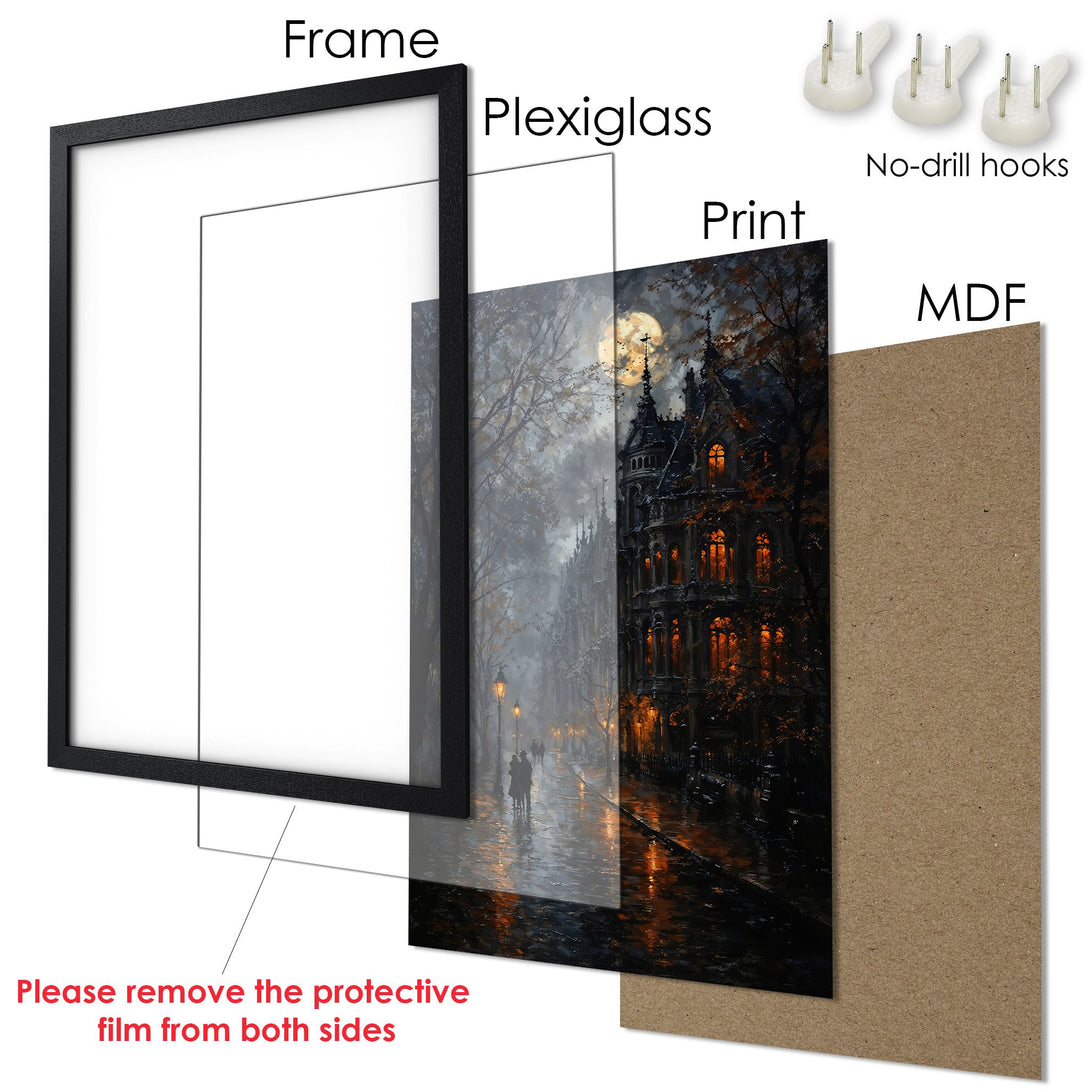Framed Poster of a gothic street scene in moody tones. Featuring a black frame, ready to hang. Perfect wall art!