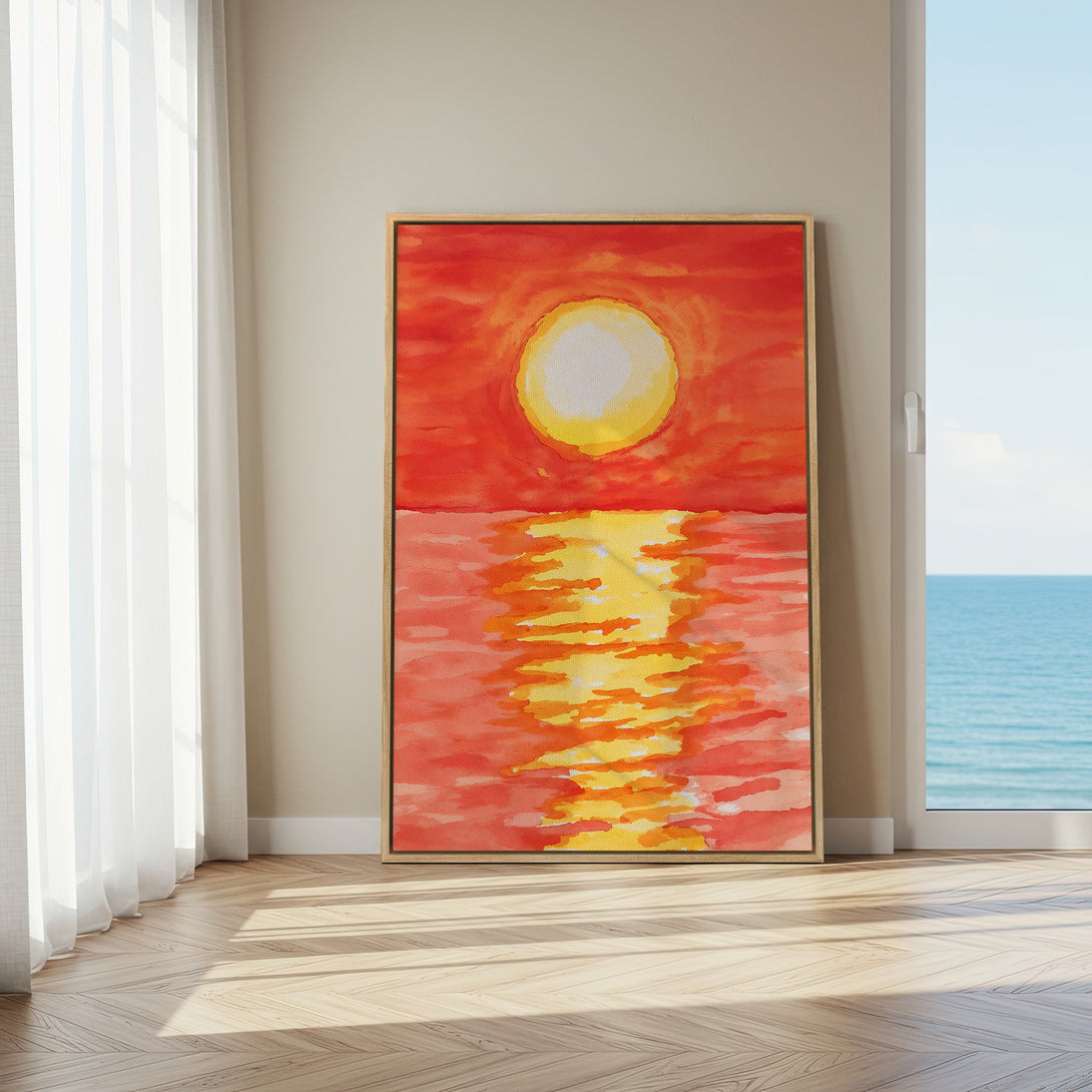 Framed Wall Art: Watercolor sunset over ocean in vibrant orange and yellow hues. Coastal art for a warm, inviting space.