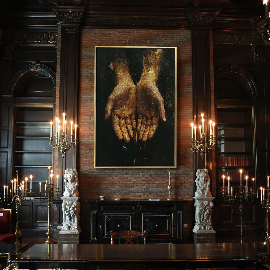 Canvas Print featuring abstract hands in warm gold tones. Perfect for Halloween decor! Dark, moody art for a unique interior.