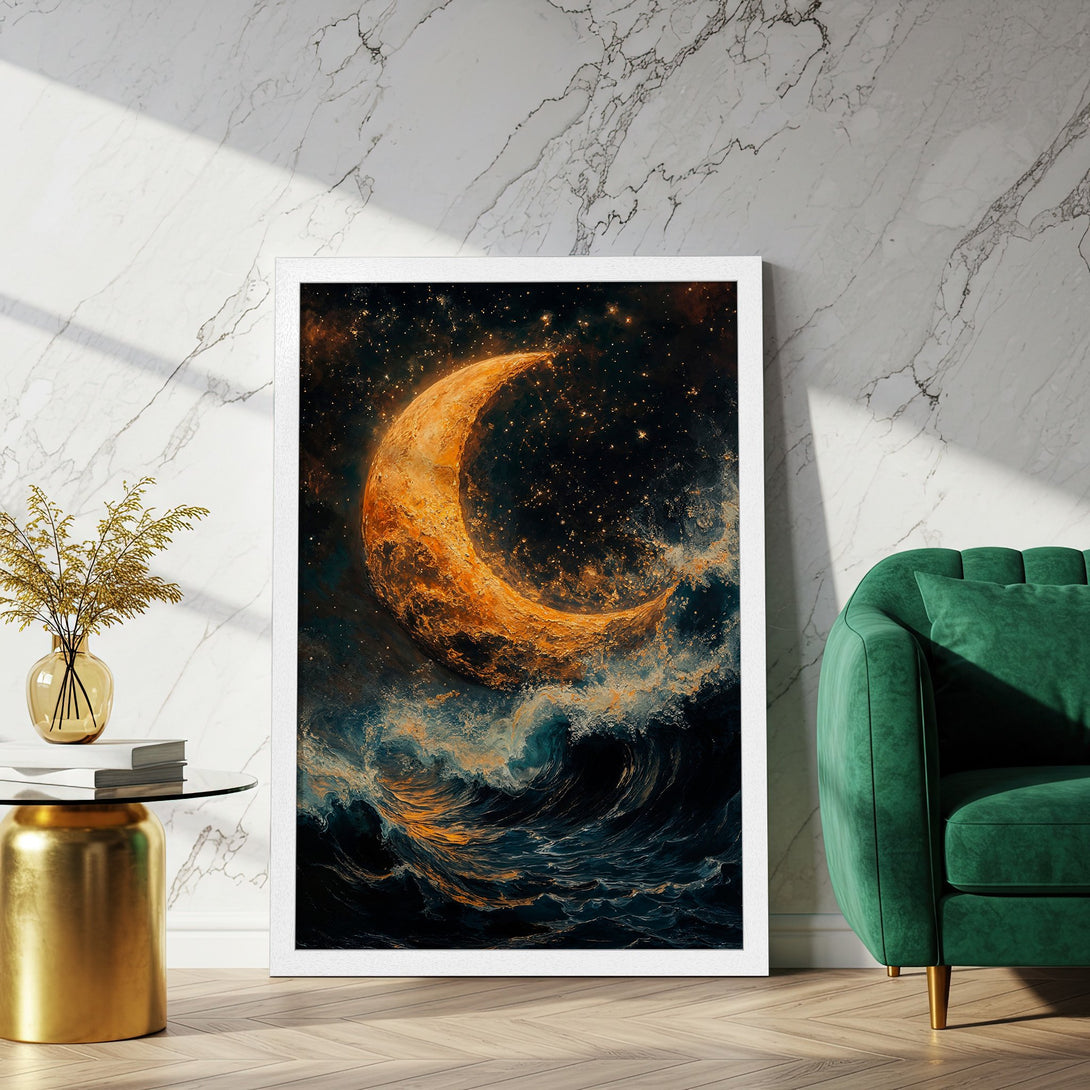 Framed Poster featuring a celestial moon over ocean waves, in a dramatic, painterly style with a warm, dark blue and gold color palette.