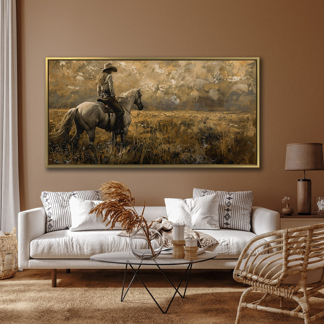 Canvas Print of a cowgirl on horseback in a sepia-toned landscape. Rustic art with warm brown and gold hues, perfect for Western decor.
