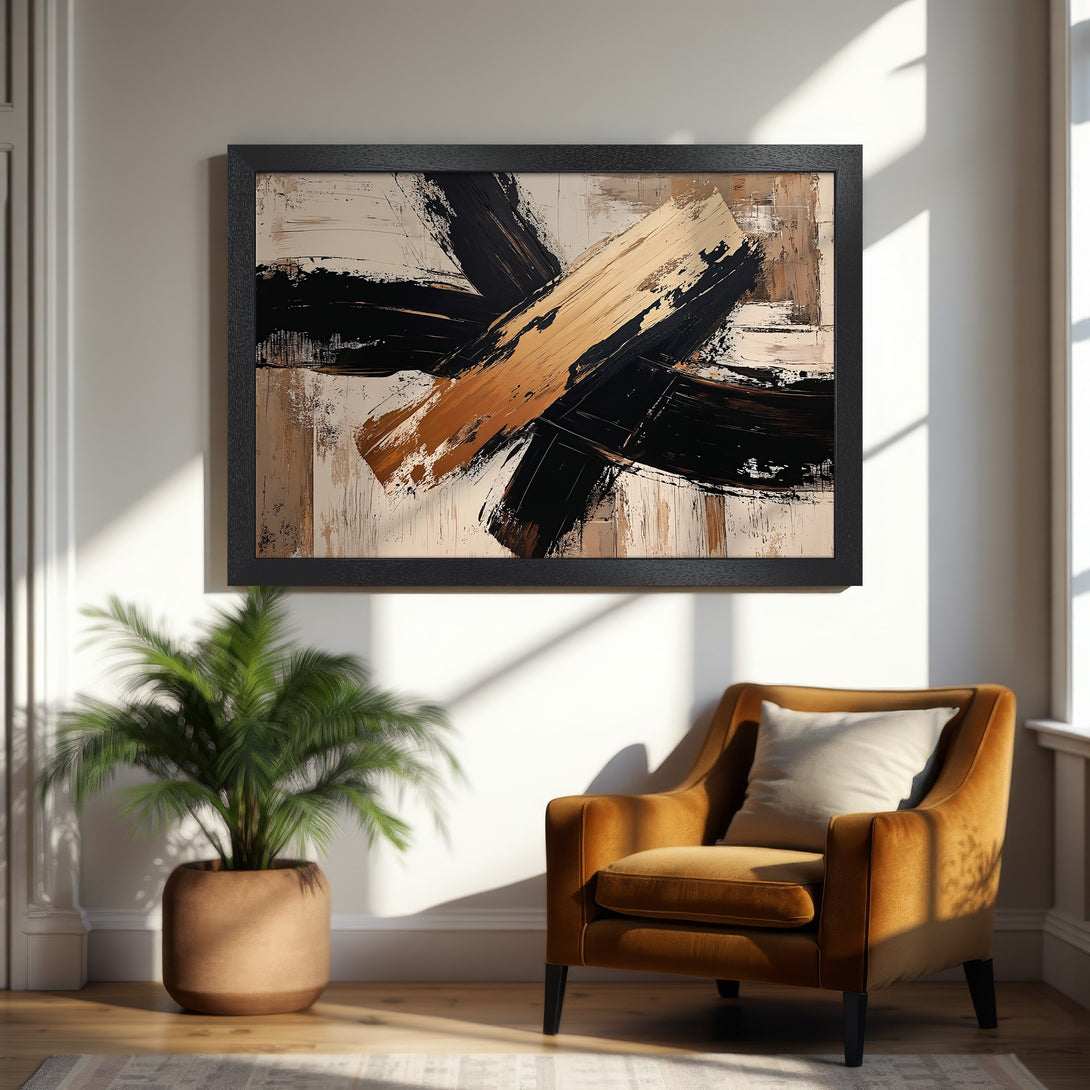 Framed Poster: Abstract art in black, gold, and beige. Modern style for home decor. Enhance your living space with this stunning wall art.