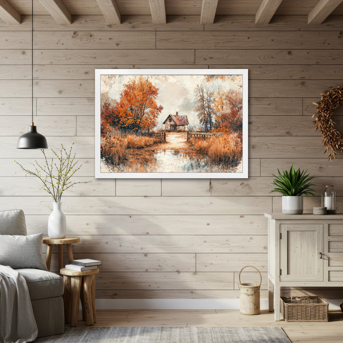 Framed Poster featuring a serene watercolor landscape with autumn colors. Perfect wall art for your home decor.
