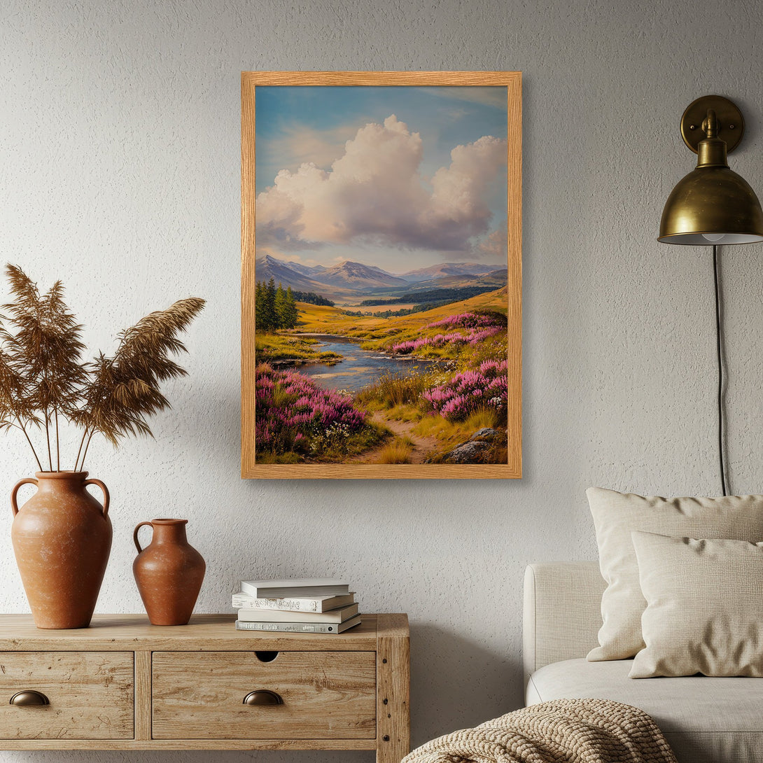 Framed Poster of a serene landscape painting in a warm color palette. Perfect art for your home decor.