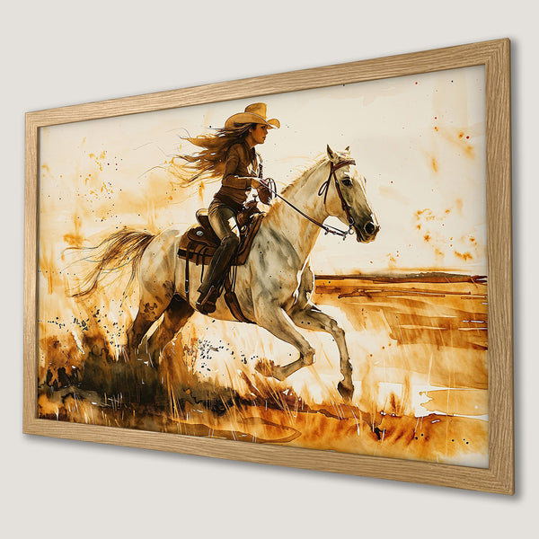 Framed Poster of a cowgirl riding a horse. Watercolor style art with warm brown and beige tones. Perfect for Western decor.