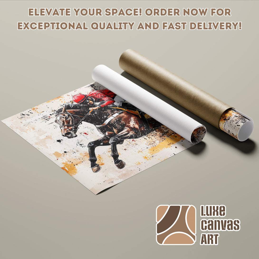 Horse racing poster roll, abstract style, brown & red palette. Elevate your space with Luxe Canvas Art!