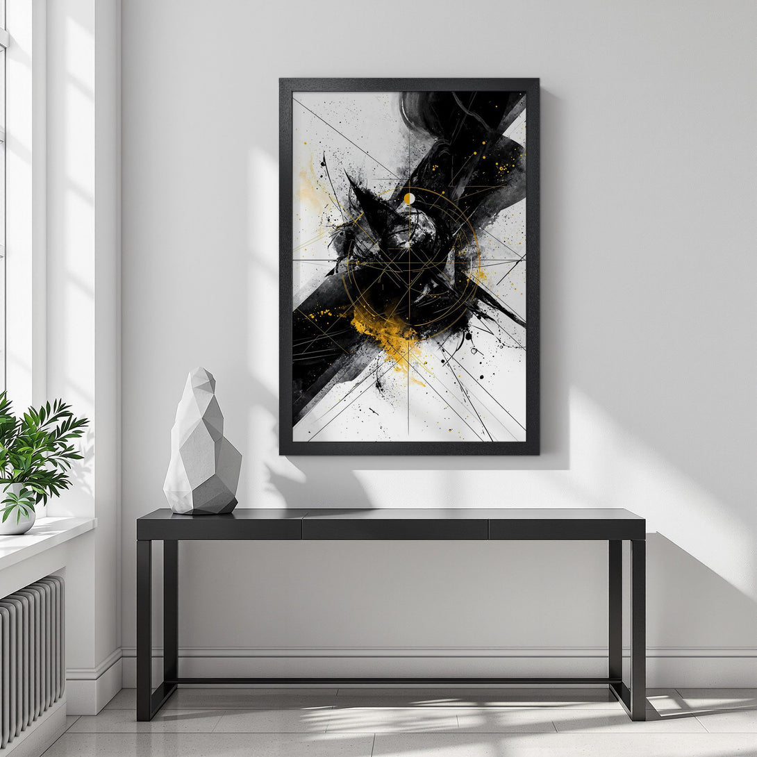 Framed Poster: Abstract art print in black, white, and gold. Modern style wall decor for your home. Buy this stunning Poster today!