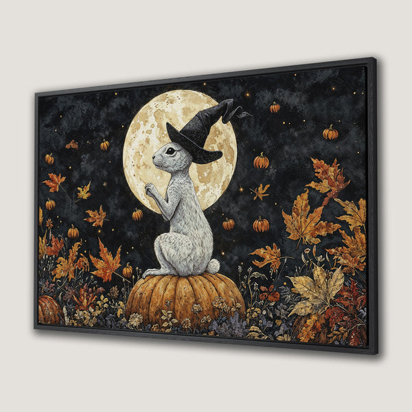 Framed Wall Art: Whimsical Halloween bunny in witch hat, autumn colors. Perfect for fall decor. Canvas Print featuring a charming, vintage style.