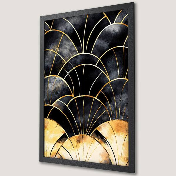 Framed Poster featuring an art deco design with gold accents on a black and gold watercolor background. Perfect wall art!