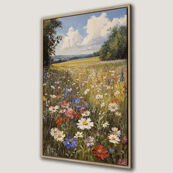 Framed Wall Art: Impressionist painting of a wildflower meadow in bloom. Features vibrant blues, yellows, greens, and pinks. Perfect for adding a touch of nature.