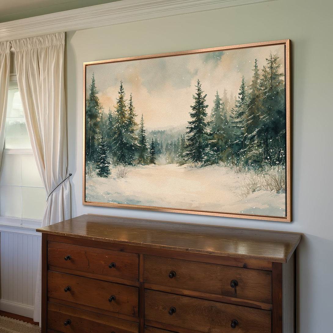 Framed Wall Art: Watercolor winter forest scene with a serene, snowy landscape. Featuring a muted, cool color palette. Perfect for adding cozy vibes.