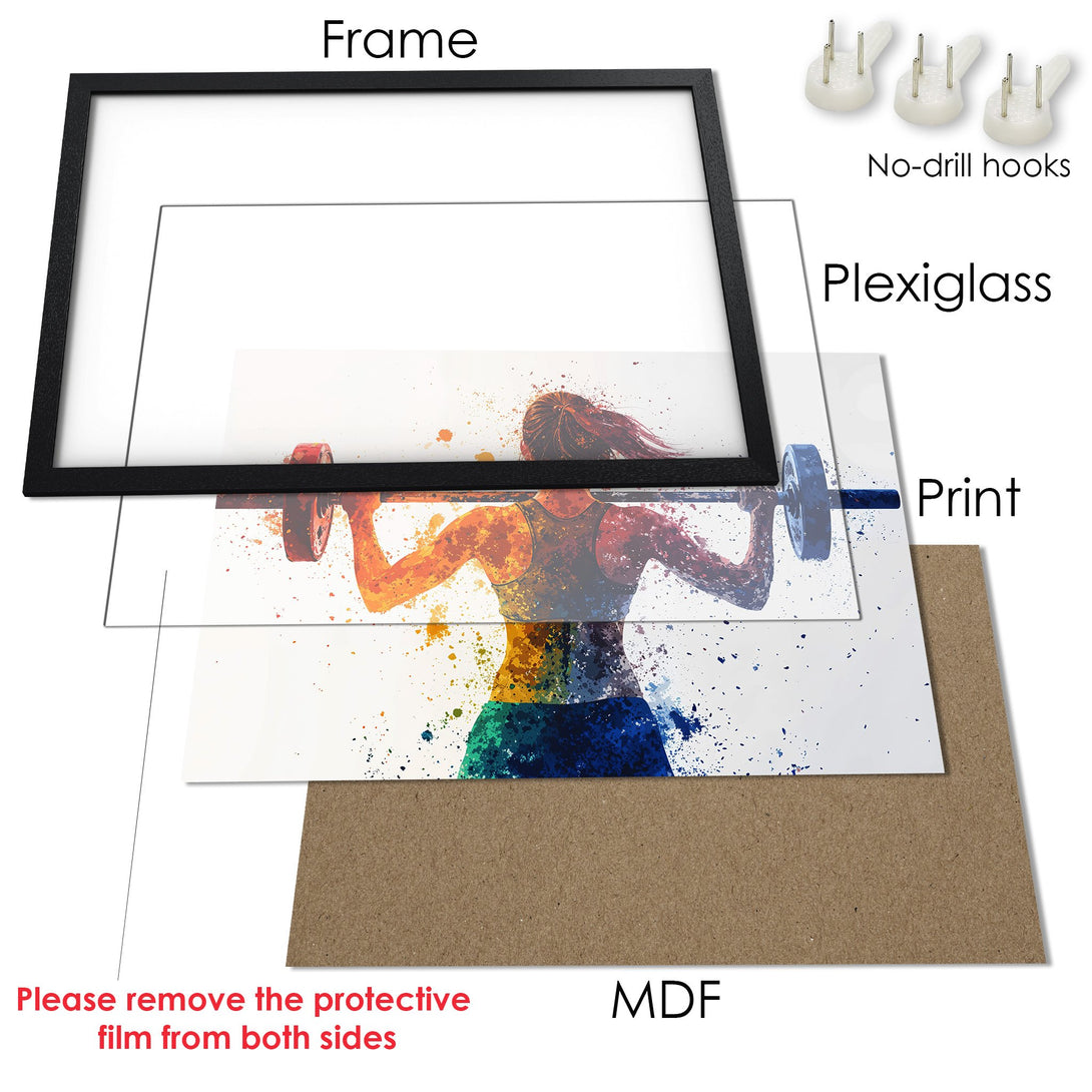 Framed Poster featuring a watercolor style female weightlifter, vibrant colors. Perfect fitness decor!