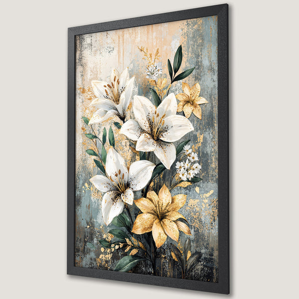 Framed Poster featuring elegant floral art with white, gold, and teal color palette. Perfect wall decor for a touch of luxury.