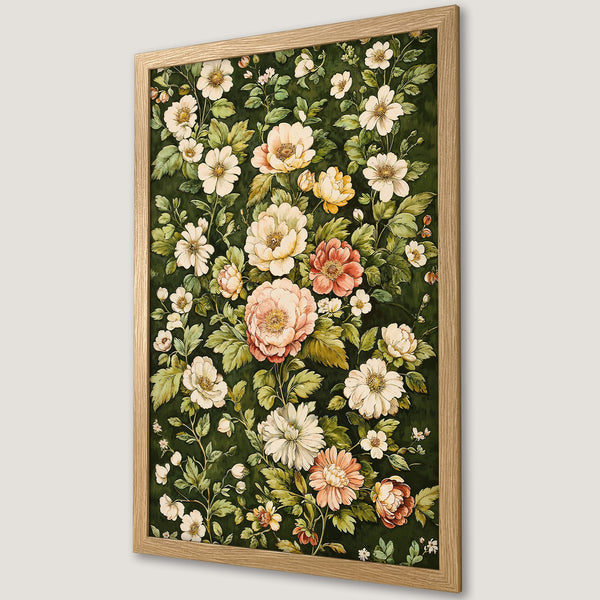 Framed Poster featuring a floral watercolor design. Romantic style with a green, cream, and blush color palette. Perfect wall art for any room.