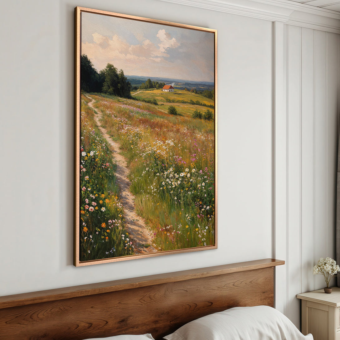 Framed Wall Art: Landscape painting of a path through a wildflower meadow. Warm color palette with greens, yellows, and pinks. Perfect for adding a touch of nature.