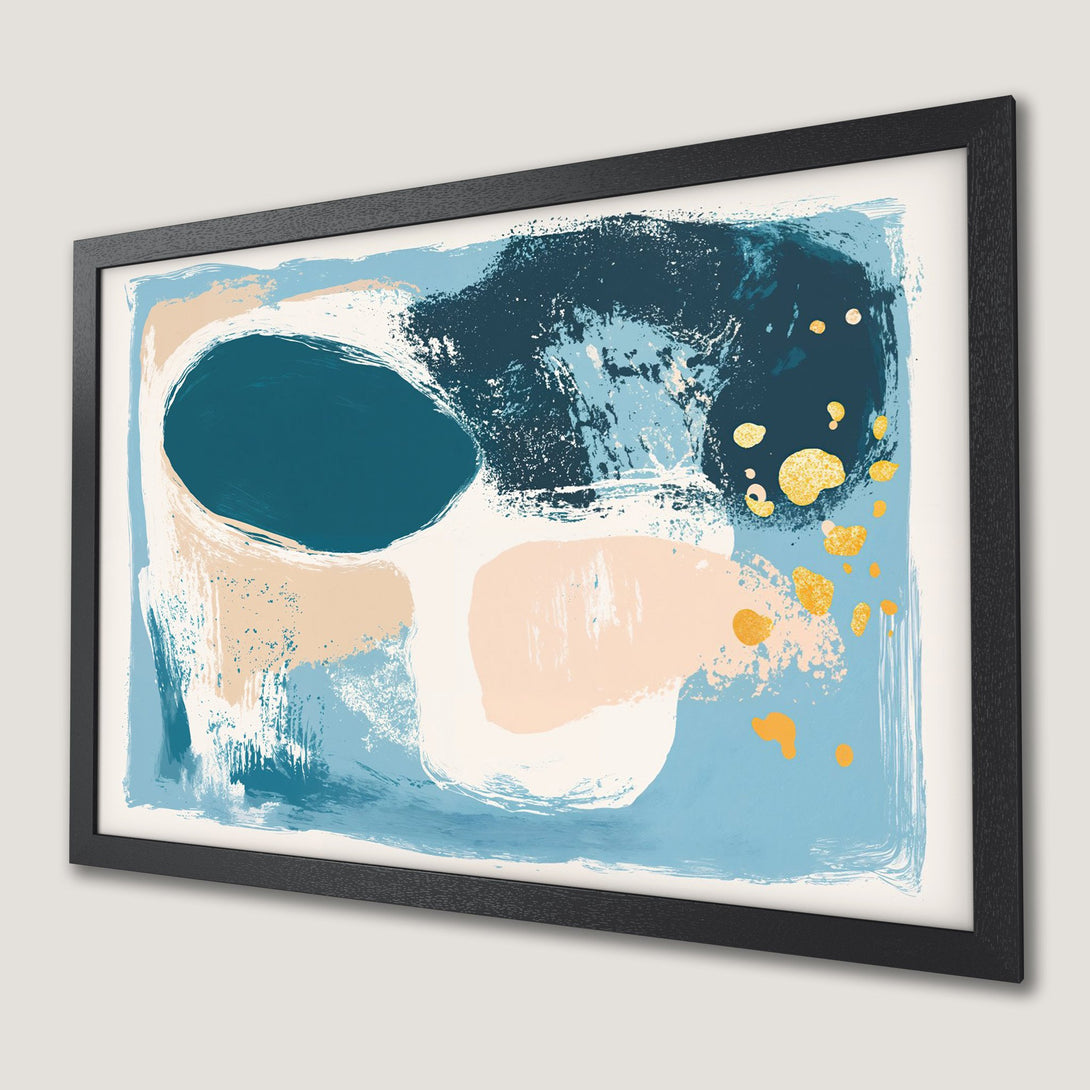 Framed Poster: Abstract art print with blue, beige, and gold brushstrokes. Modern wall decor.