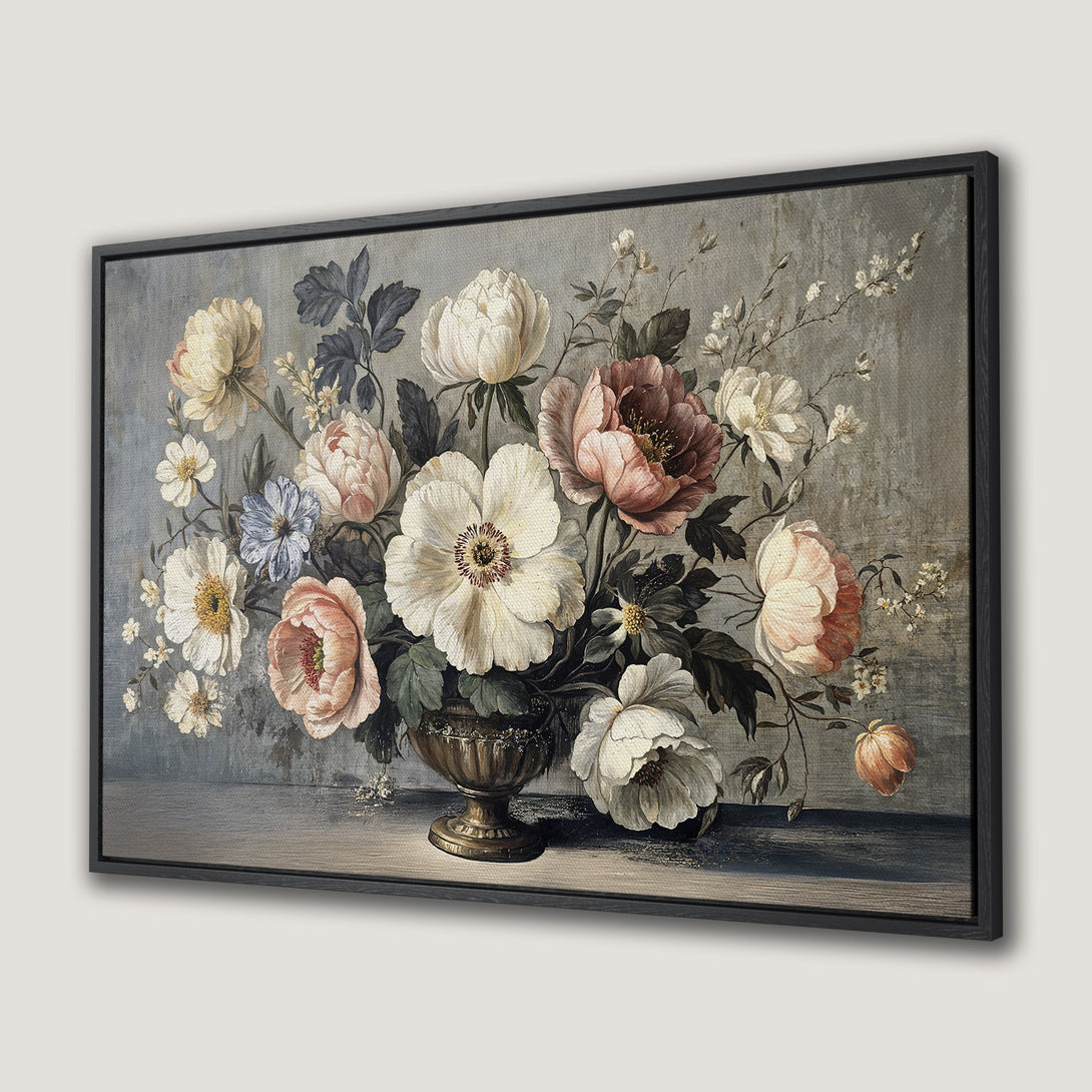 Framed Wall Art Canvas Print featuring a vintage floral still life. Soft, muted color palette with blush, cream, and gray tones. Perfect for elegant decor.