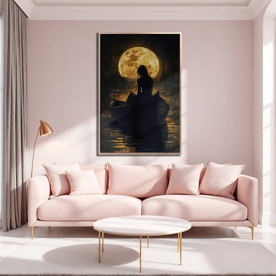 Framed Wall Art: Silhouette in a boat under a golden moon. Romantic art in a warm, neutral color palette. Perfect for bedroom or living room decor.