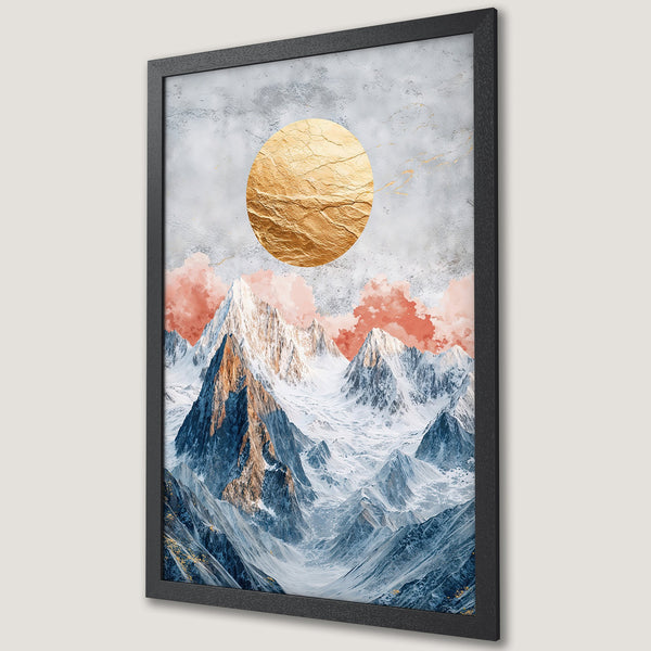 Framed Poster featuring a mountain landscape with gold sun and pink clouds. Modern art style, blue, gold, and gray color palette.