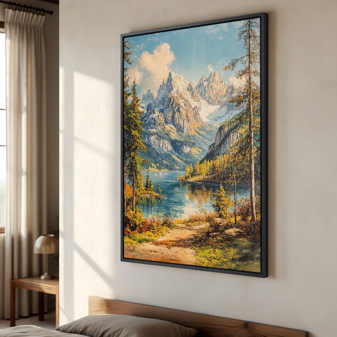 Framed Wall Art of a stunning mountain lake landscape. Featuring a vibrant blue, green, and yellow color palette. Perfect for adding a touch of nature to your home.
