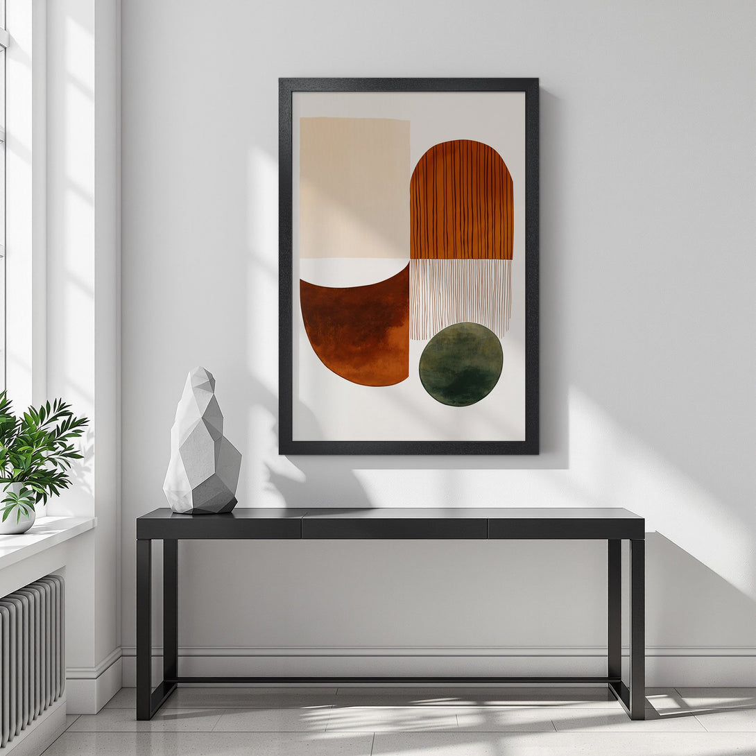 Framed Poster featuring abstract geometric art in earthy tones. Modern wall decor for your home.