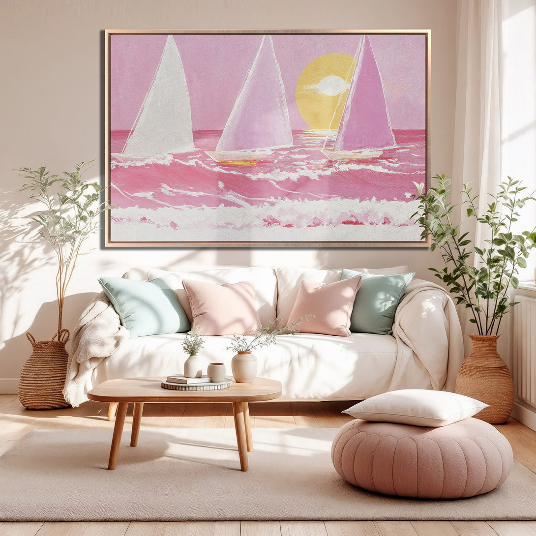 Framed Wall Art: Sailboats at sunset in pink and yellow. Coastal style painting in a cozy living room. Add a touch of serenity to your space.