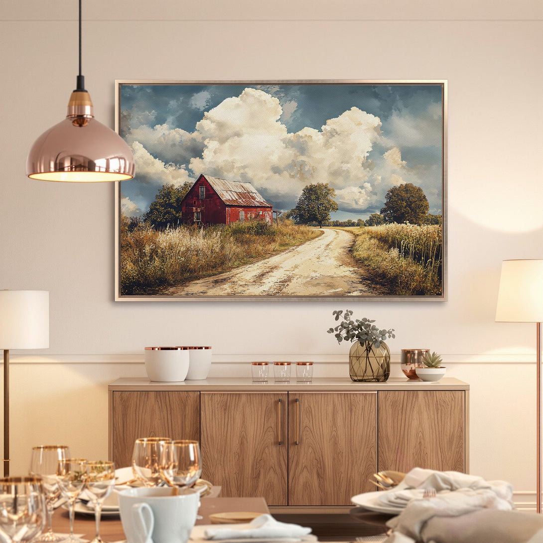 Framed Wall Art: Rustic barn landscape canvas print in warm earth tones. Perfect farmhouse decor for a cozy living space.