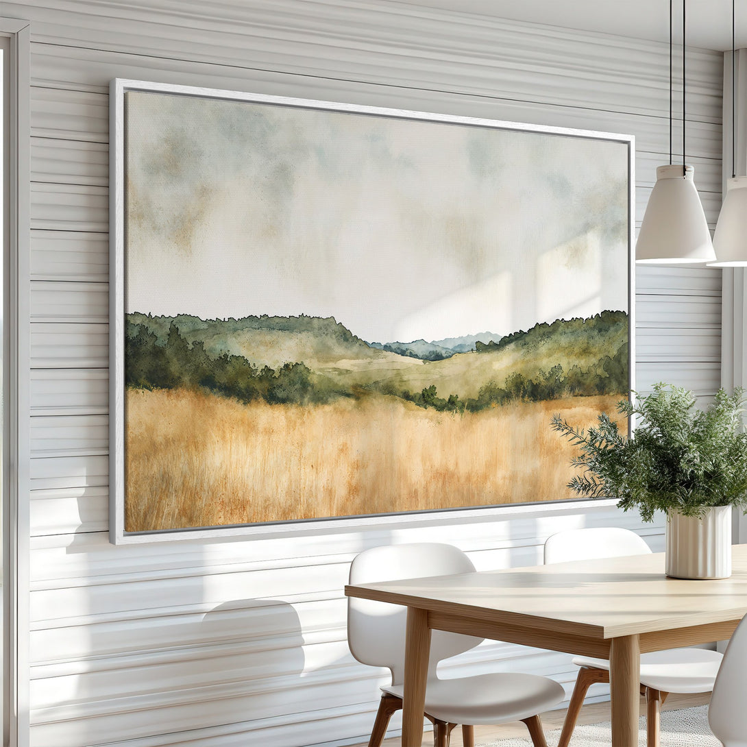 Framed Wall Art featuring a watercolor landscape in a neutral color palette. Perfect for adding a touch of nature-inspired art to your dining room.