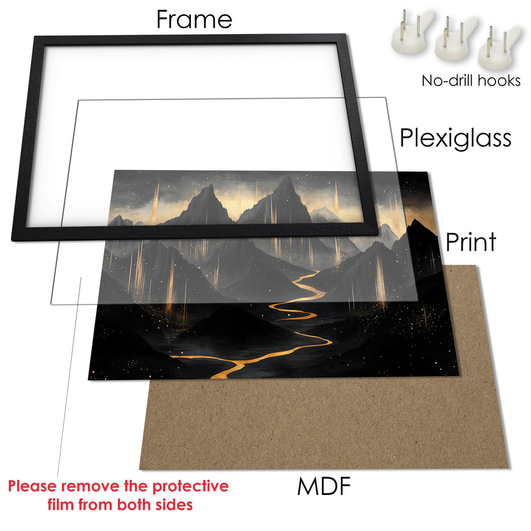 Framed Poster: Mountain landscape art print in black, gold, and gray. Elevate your space with this stunning poster!