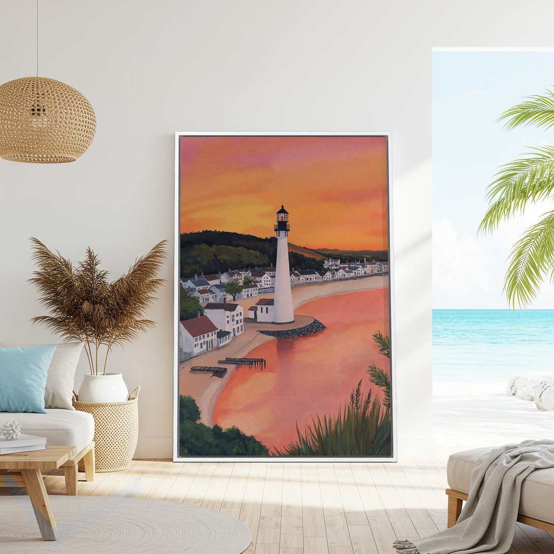 Framed Wall Art featuring a coastal lighthouse scene. Warm sunset hues and a serene beach landscape create a calming, artistic vibe. Perfect for any space!