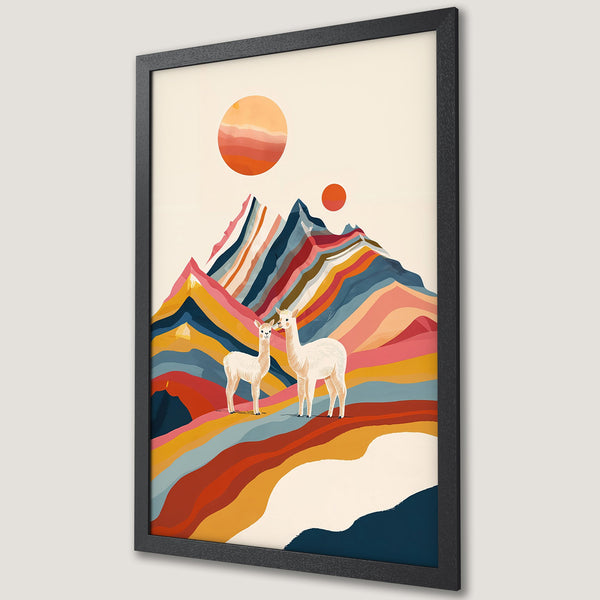 Framed Poster featuring llamas in a colorful, abstract landscape. Modern art style with warm, earthy tones and vibrant hues. Perfect wall decor!