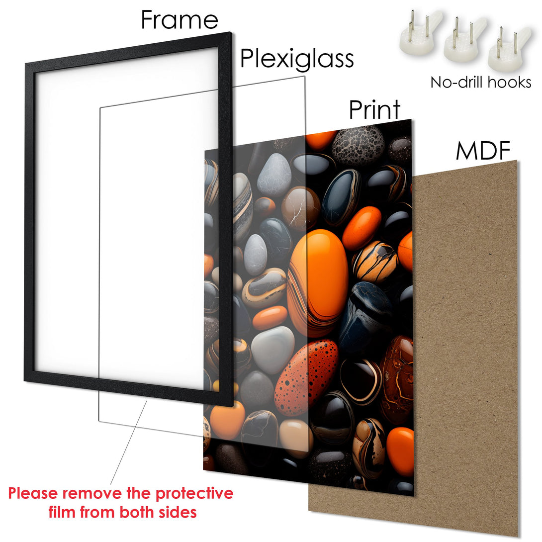 Framed Poster featuring colorful abstract stones in a black frame. Perfect wall art for any room.