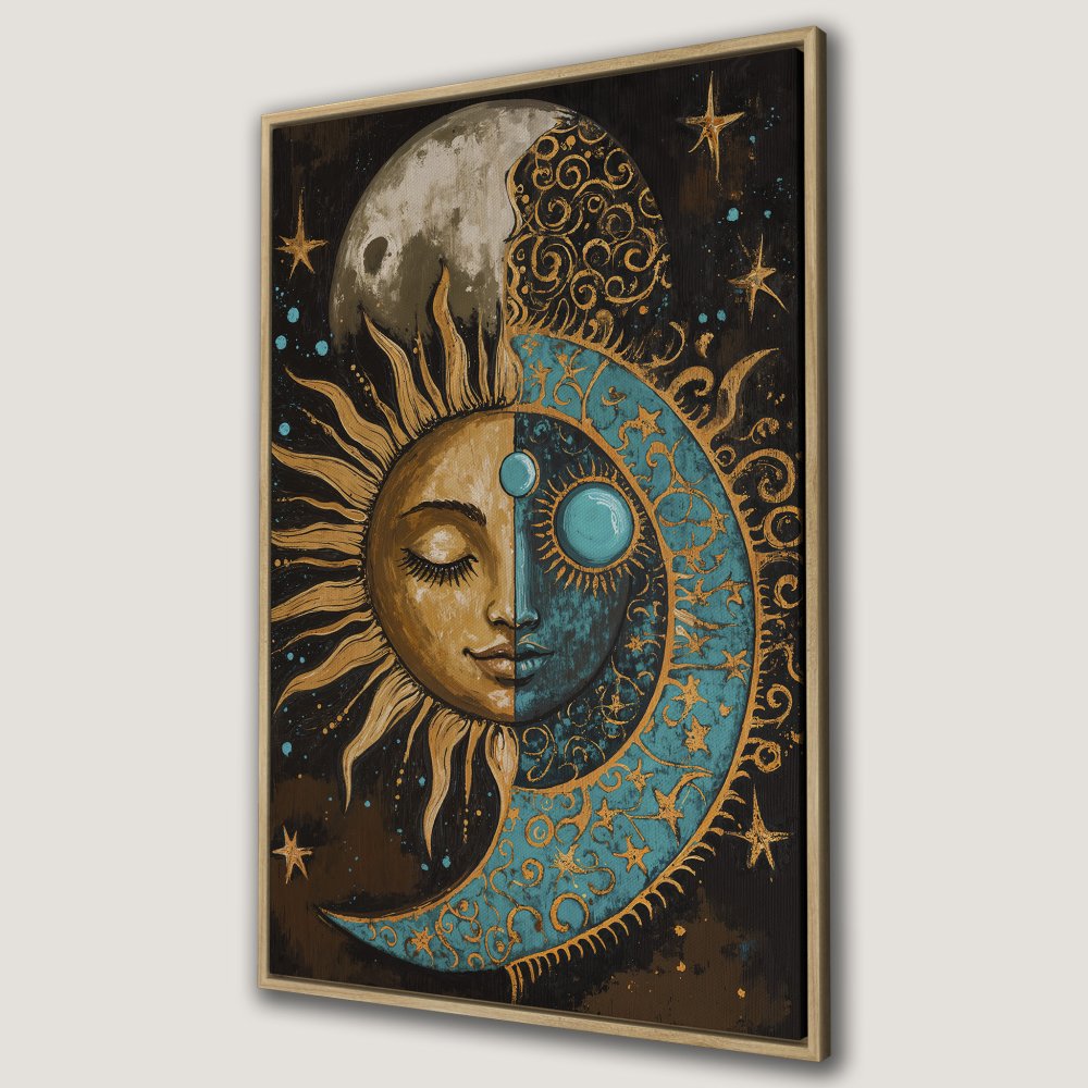 Framed Wall Art: Celestial sun and moon design in teal and gold. Bohemian style canvas print for a unique, mystical home decor.