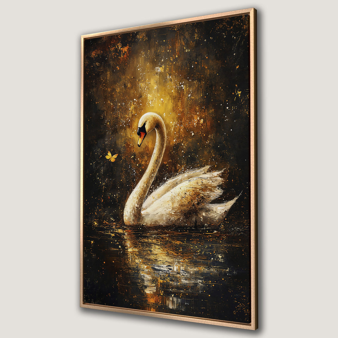 Framed Wall Art: Elegant swan painting in moody gold and black tones. Stunning canvas print for a sophisticated interior.