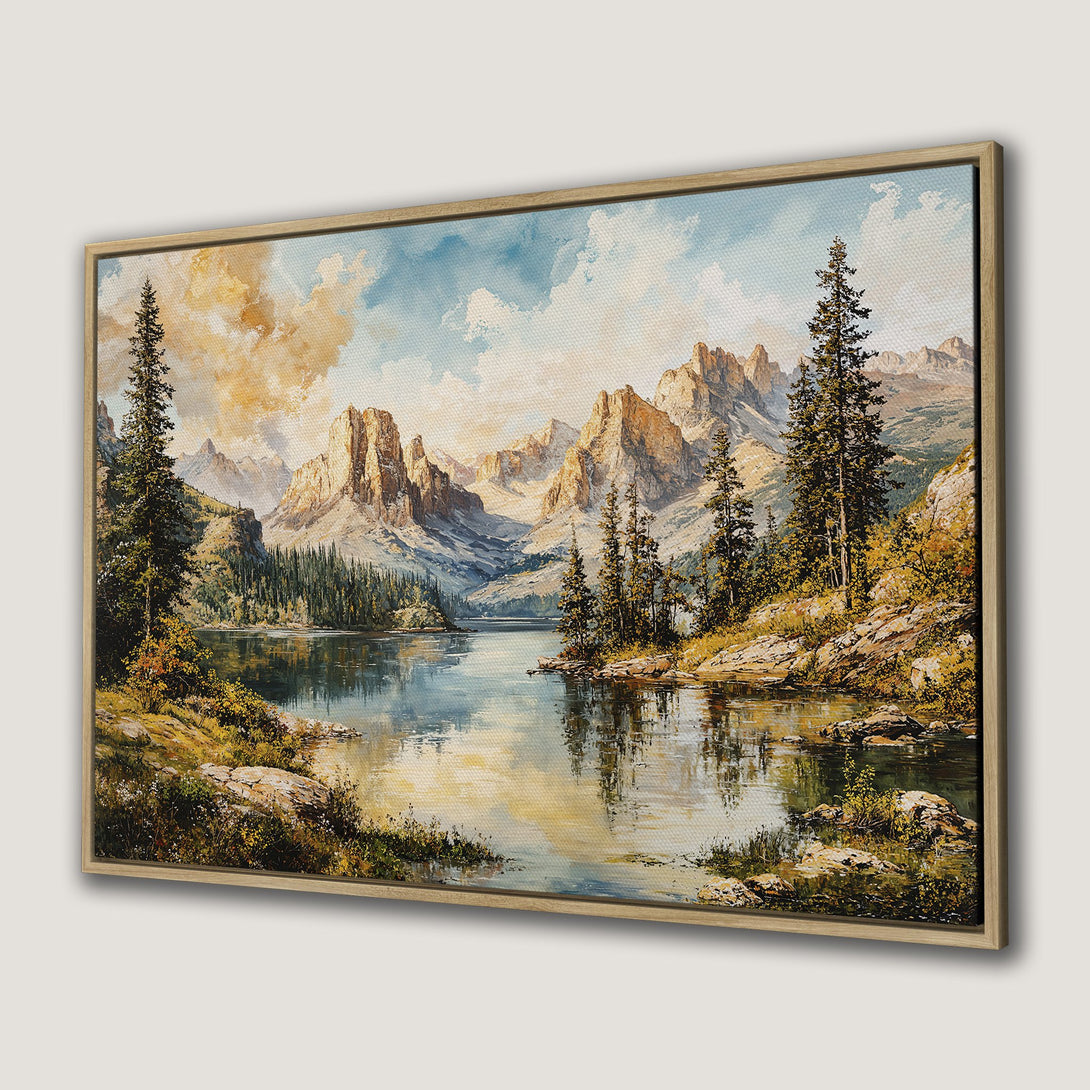 Framed Wall Art: Majestic mountain lake landscape Canvas Print. Earthy tones and serene blues create a calming, classic art piece for your home.