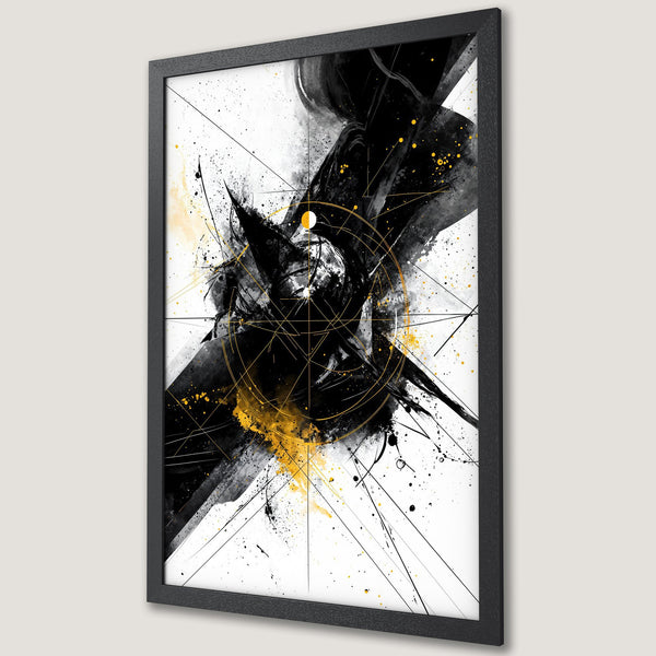 Framed Poster featuring abstract art in black, white, and gold. Modern, artistic design for home decor. Enhance your space with this stylish poster.
