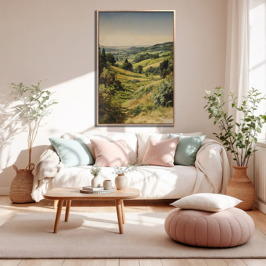 Framed Wall Art: Landscape canvas print in a warm, neutral interior. Features rolling hills with green and yellow hues, creating a calming atmosphere.