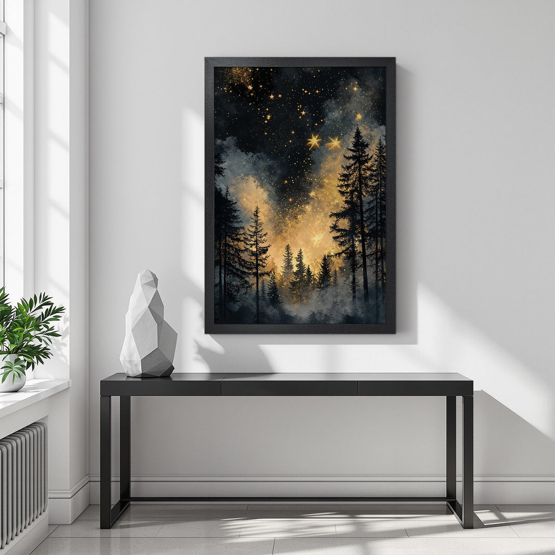 Framed Poster of a starry forest scene in a dreamy, artistic style with a dark, gold, and black color palette. Decorate your space!