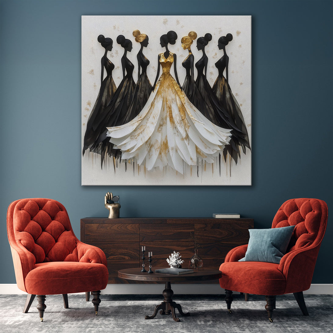 Framed Wall Art featuring elegant women in black and gold dresses. Modern art canvas print in a neutral, sophisticated interior.