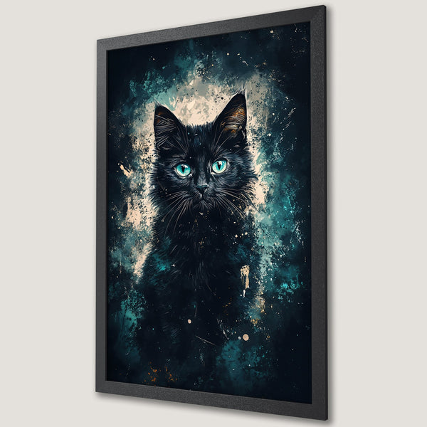 Framed Poster featuring a striking black cat with turquoise eyes, in an abstract style with a dark teal and gold color palette.