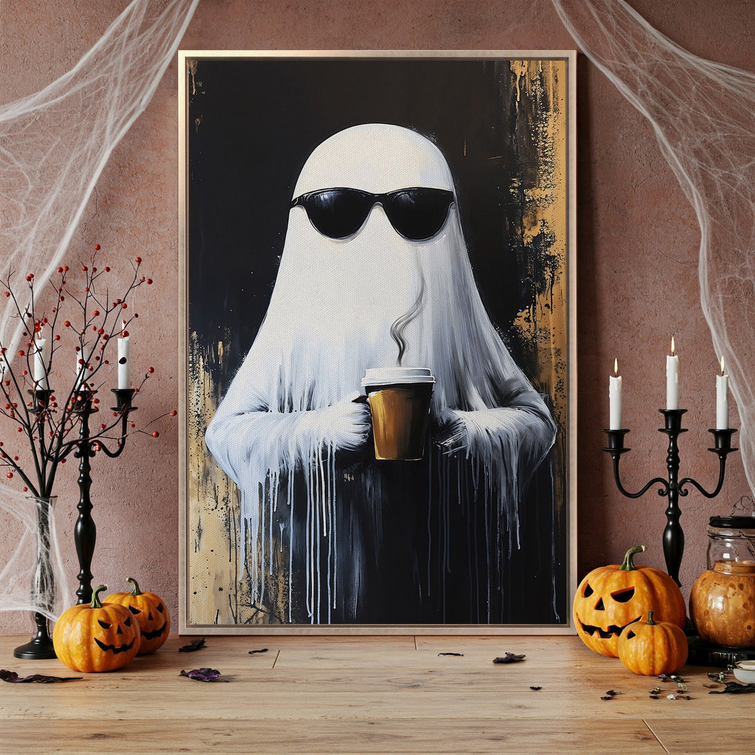 Framed Wall Art: Cool ghost with coffee, modern art style, black and white with gold accents, perfect for Halloween decor.