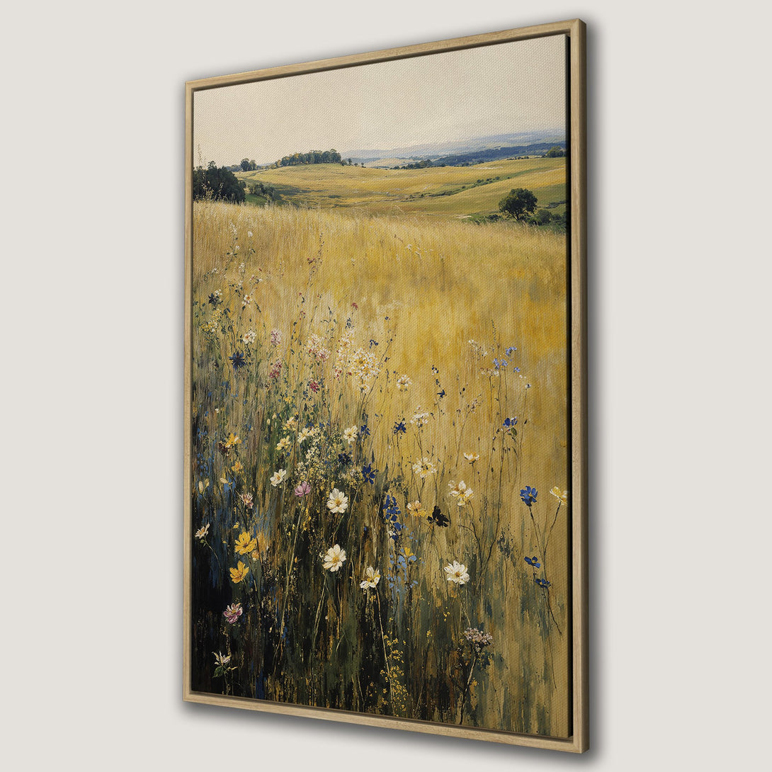 Framed Wall Art: Impressionist landscape Canvas Print with wildflowers in a field. Warm yellow, green, and blue color palette. Enhance your home decor!