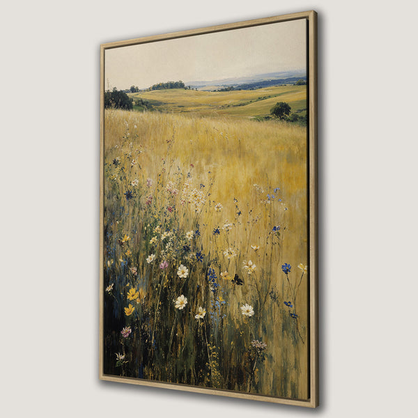 Framed Wall Art: Impressionist landscape Canvas Print with wildflowers in a field. Warm yellow, green, and blue color palette. Enhance your home decor!
