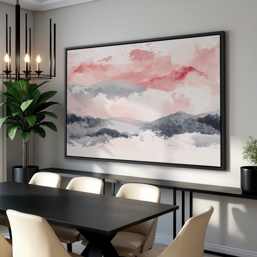 Framed Wall Art: Abstract landscape Canvas Print in blush, gray, and navy tones. Modern art for dining room decor. Elevate your space with this stunning piece!